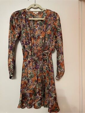 SUNCOO Floral Long-Sleeve Wrap Dress in Orange, Purple & Green